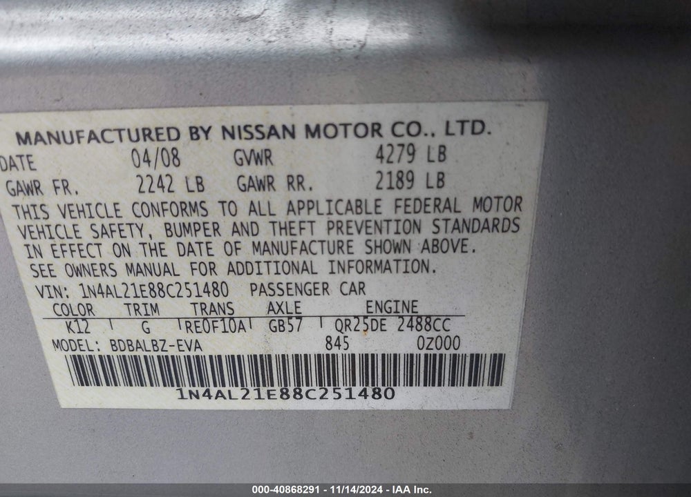 2008 NISSAN ALTIMA 2.5 S VIN: 1N4AL21E88C251480