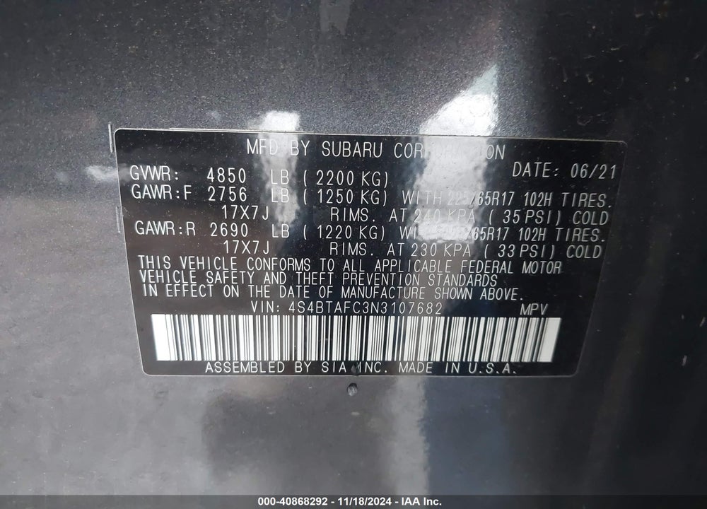 2022 SUBARU OUTBACK VIN: 4S4BTAFC3N3107682