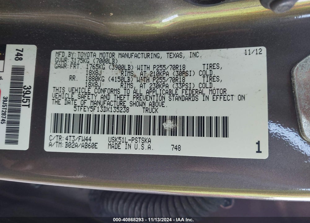 2013 TOYOTA TUNDRA GRADE 5.7L V8 VIN: 5TFEY5F13DX135238
