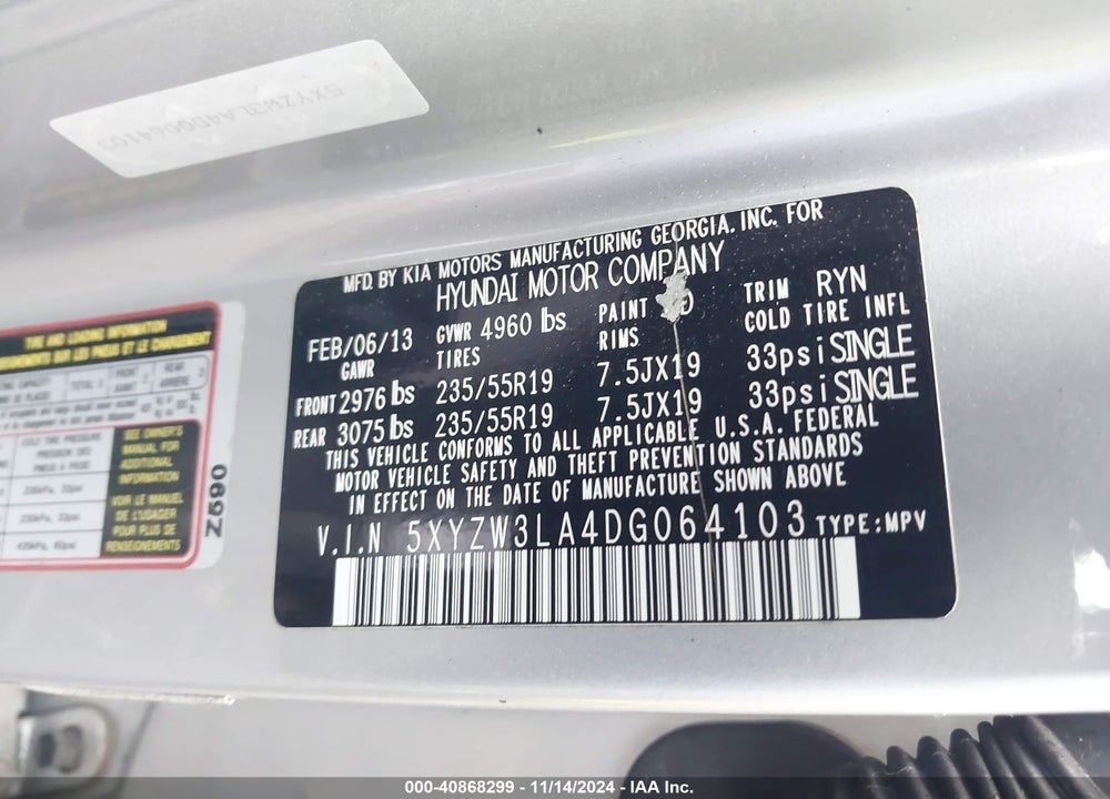 2013 HYUNDAI SANTA FE SPORT 2.0T VIN: 5XYZW3LA4DG064103