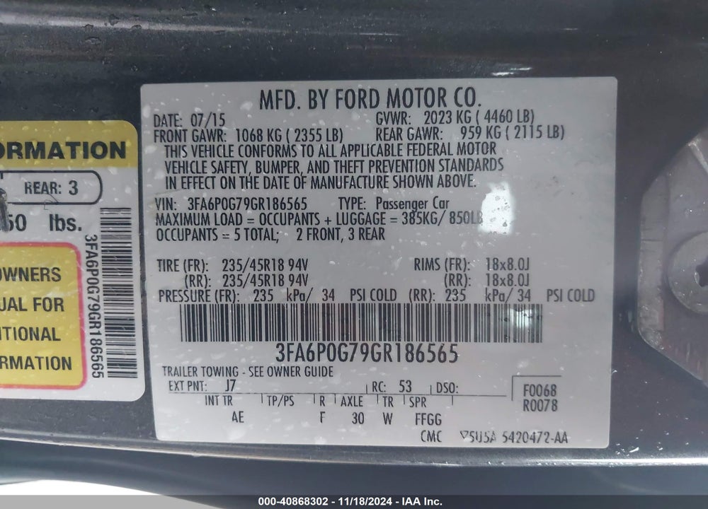 2016 FORD FUSION S VIN: 3FA6P0G79GR186565