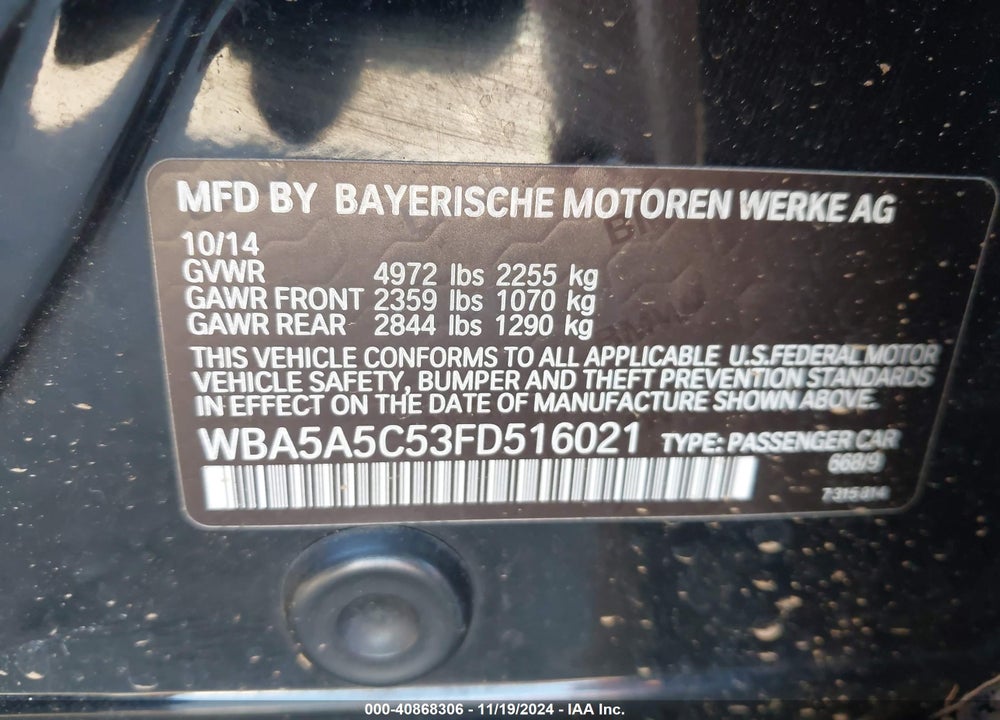 2015 BMW 528I VIN: WBA5A5C53FD516021