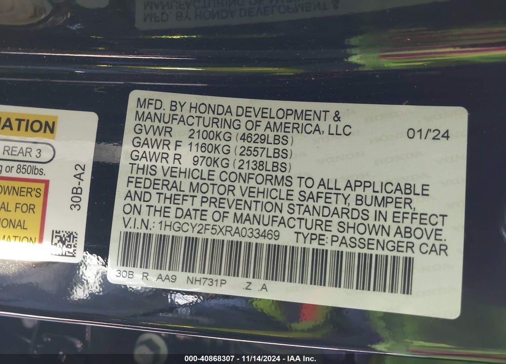 2024 HONDA ACCORD VIN: 1HGCY2F5XRA033469