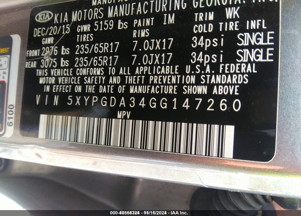 2016 KIA SORENTO 2.4L LX VIN: 5XYPGDA34GG147260