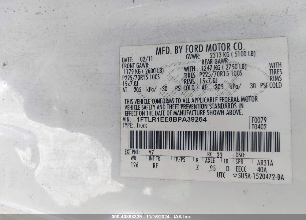 2011 FORD RANGER XLT VIN: 1FTLR1EE8BPA39264