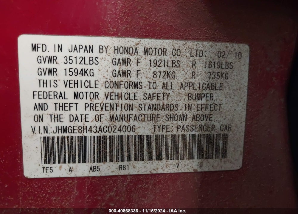 2010 HONDA FIT SPORT VIN: JHMGE8H43AC024006