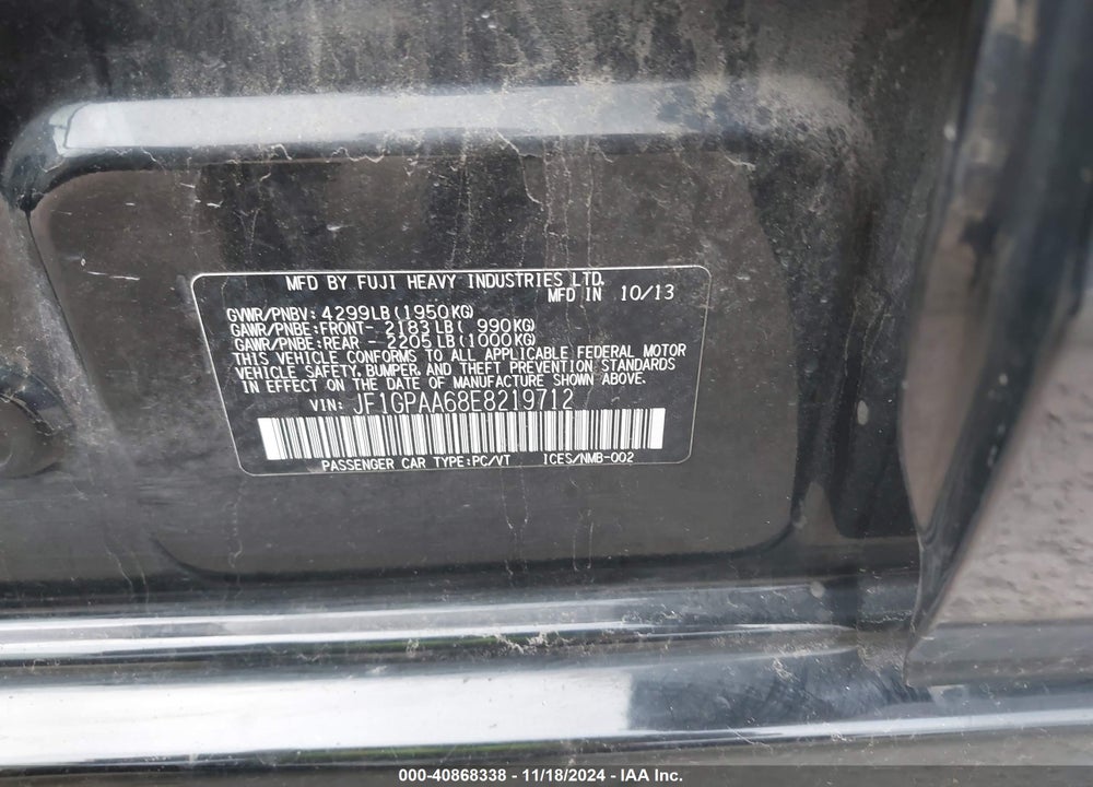 2014 SUBARU IMPREZA 2.0I VIN: JF1GPAA68E8219712