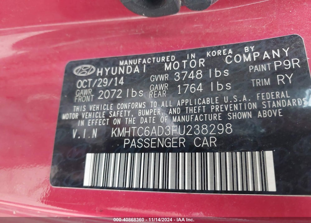2015 HYUNDAI VELOSTER VIN: KMHTC6AD3FU238298