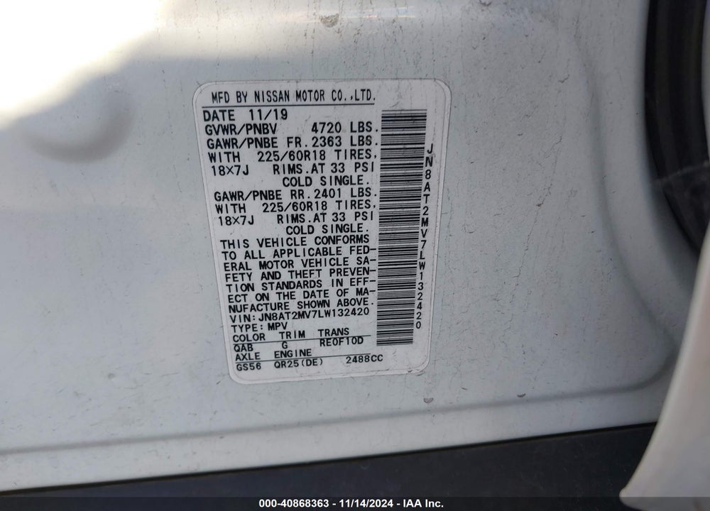 2020 NISSAN ROGUE SV INTELLIGENT AWD VIN: JN8AT2MV7LW132420