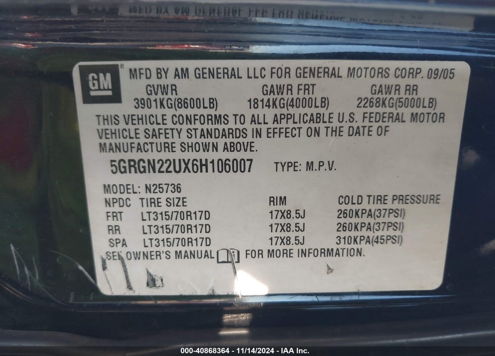 2006 HUMMER H2 SUT VIN: 5GRGN22UX6H106007