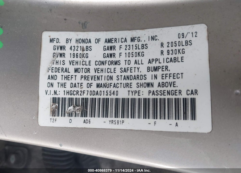 2013 HONDA ACCORD EX VIN: 1HGCR2F70DA015540