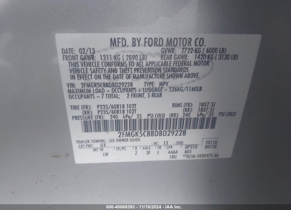 2013 FORD FLEX SEL VIN: 2FMGK5C88DBD29228