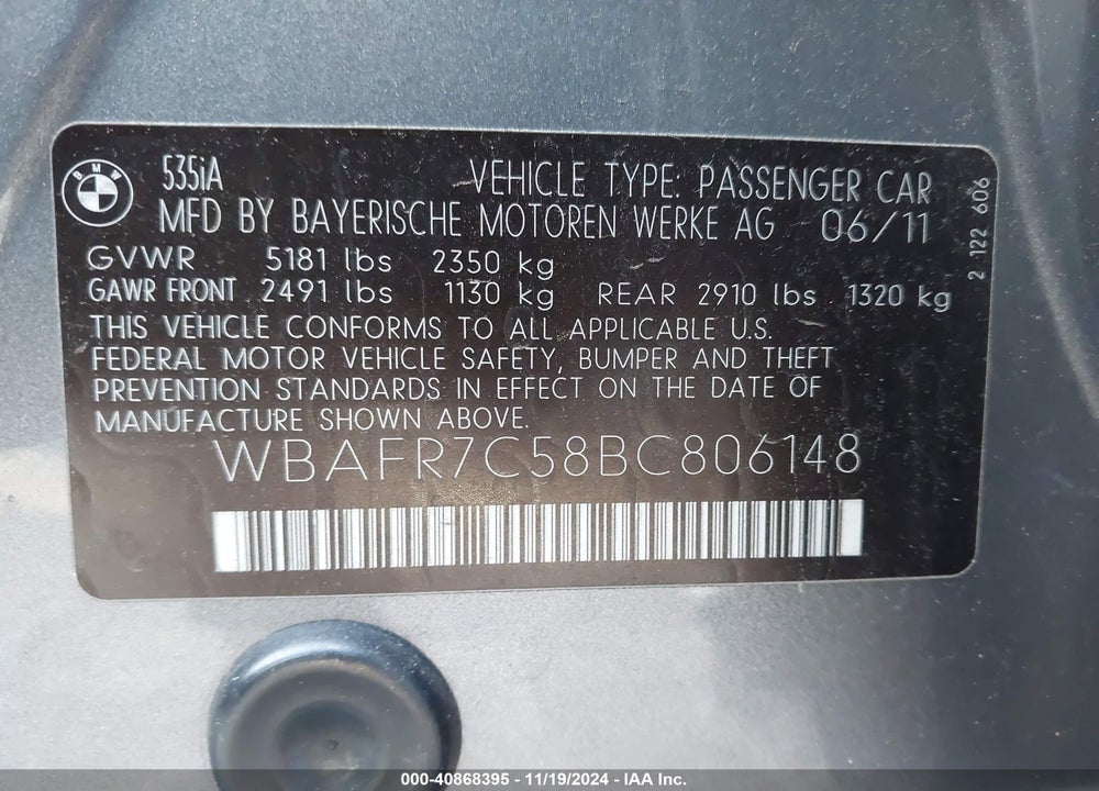 2011 BMW 535I VIN: WBAFR7C58BC806148