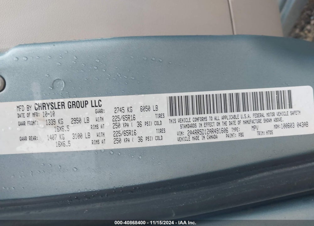 2010 CHRYSLER TOWN & COUNTRY TOURING VIN: 2A4RR5D12AR491606