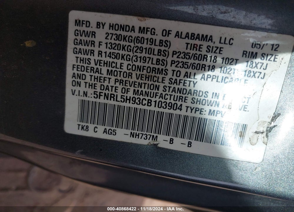 2012 HONDA ODYSSEY TOURING/TOURING ELITE VIN: 5FNRL5H93CB103904