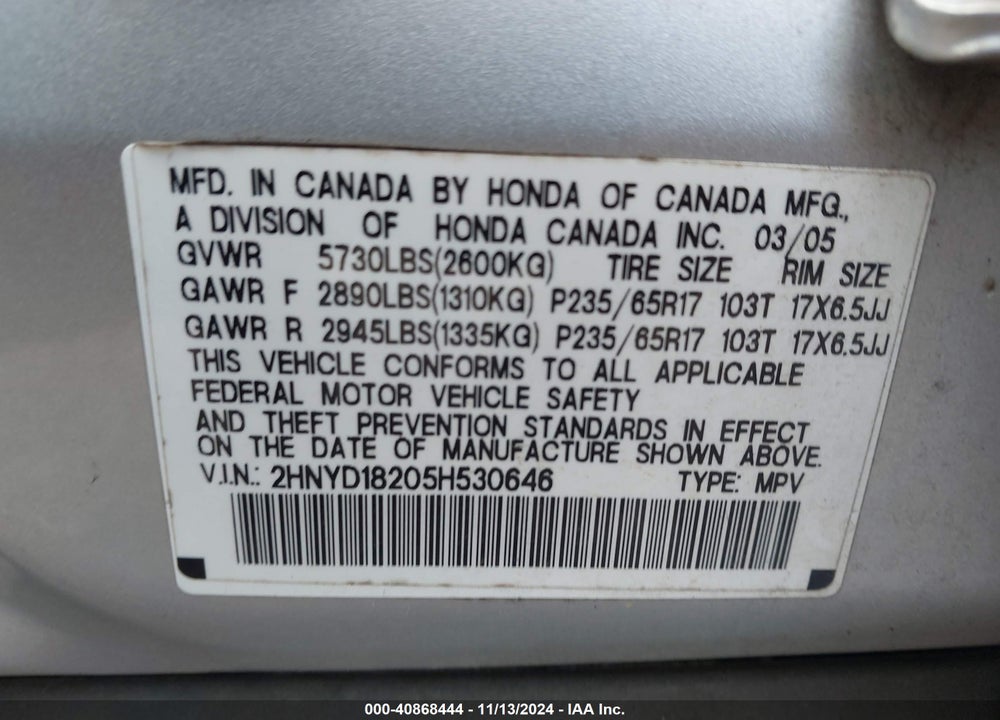 2005 ACURA MDX VIN: 2HNYD18205H530646