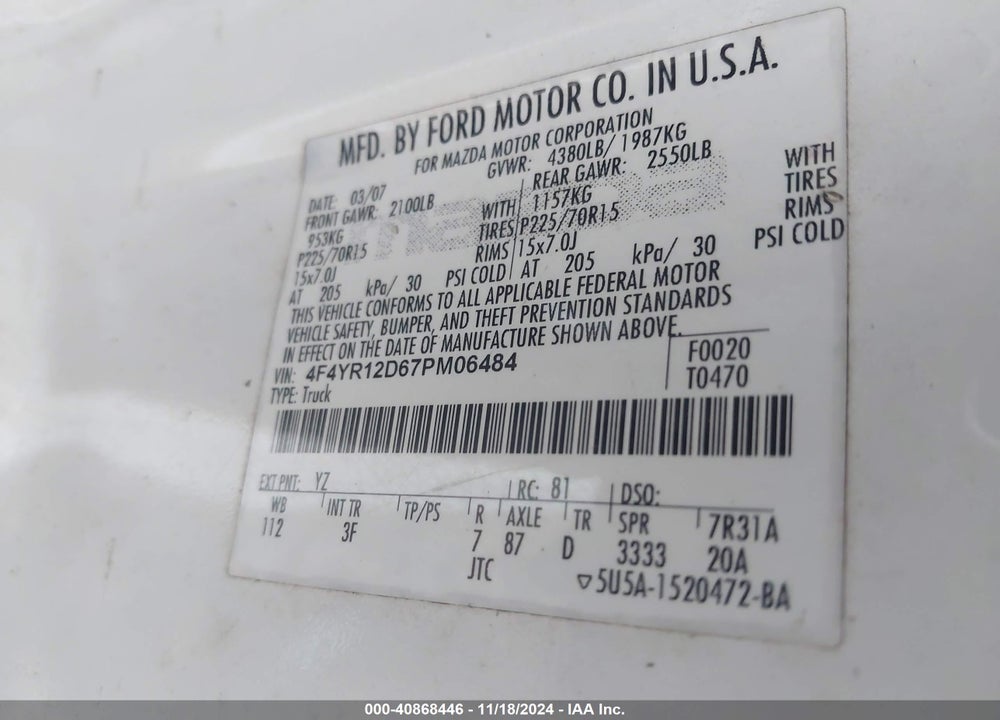 2007 MAZDA B2300 VIN: 4F4YR12D67PM06484