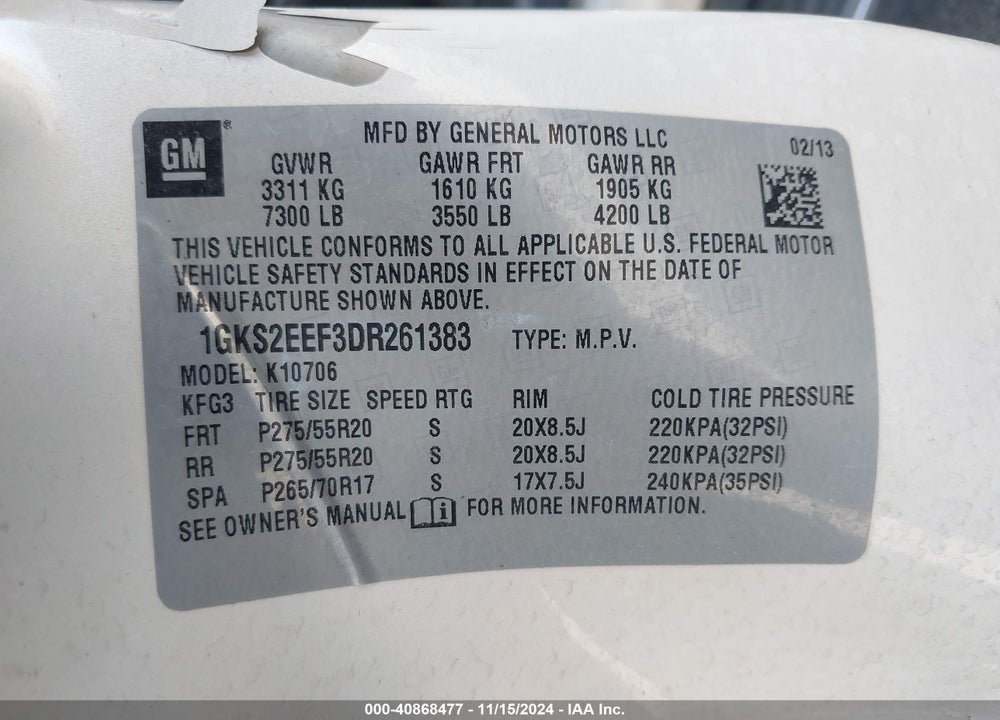 2013 GMC YUKON DENALI VIN: 1GKS2EEF3DR261383