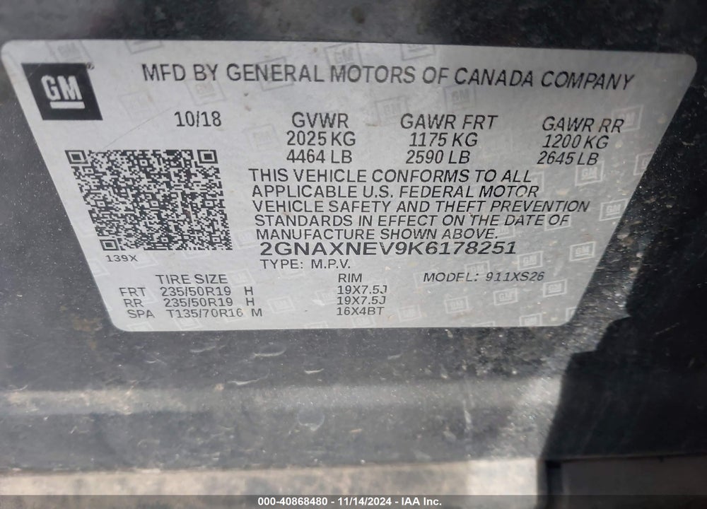 2019 CHEVROLET EQUINOX VIN: 2GNAXNEV9K6178251