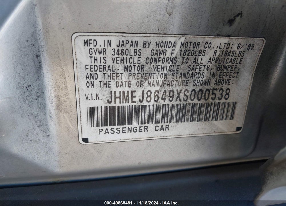 1999 HONDA CIVIC EX VIN: JHMEJ8649XS000538
