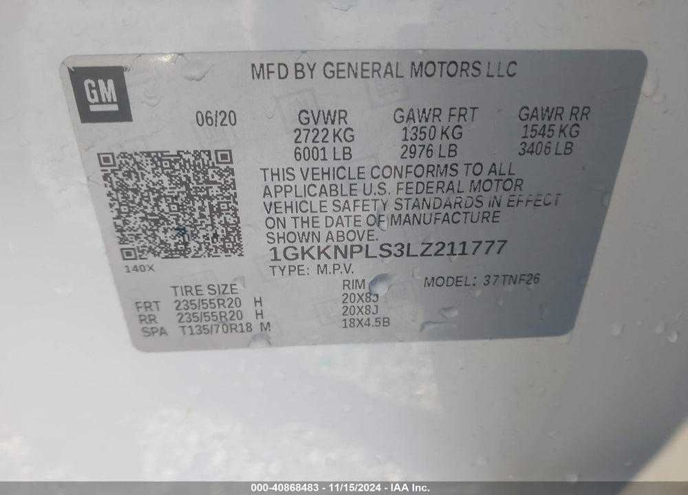 2020 GMC ACADIA FWD DENALI VIN: 1GKKNPLS3LZ211777