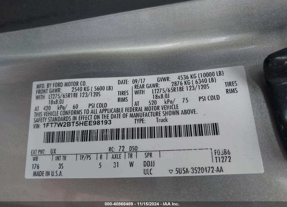 2017 FORD SUPER DUTY F-250 SRW XLT VIN: 1FT7W2BT5HEE98193