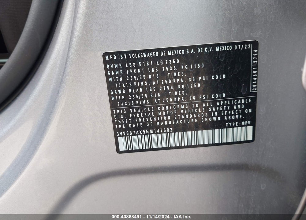 2022 VOLKSWAGEN TIGUAN 2.0T SE VIN: 3VV3B7AX9NM147502