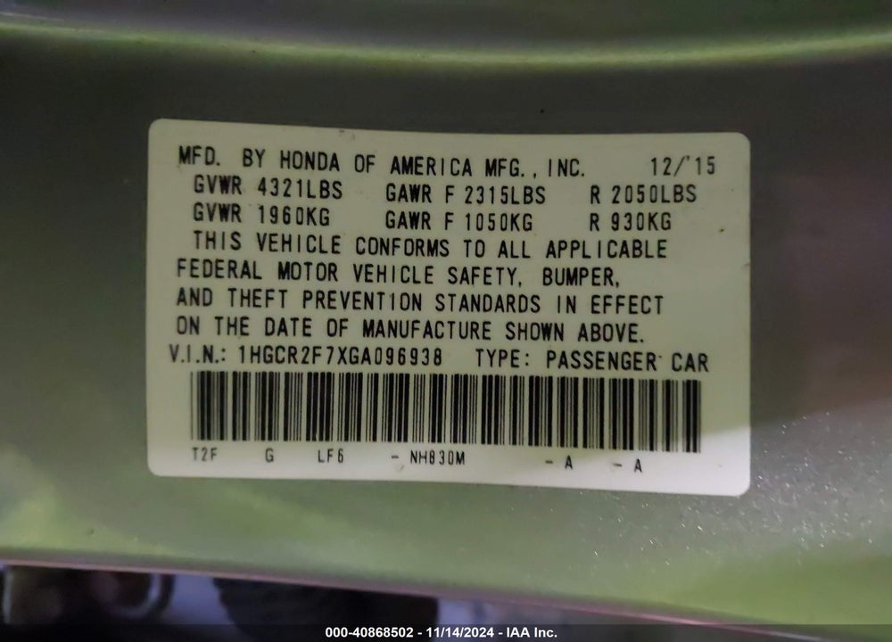 2016 HONDA ACCORD EX VIN: 1HGCR2F7XGA096938