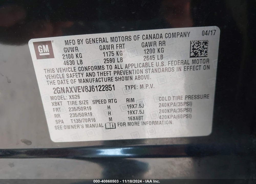 2018 CHEVROLET EQUINOX PREMIER VIN: 2GNAXVEV8J6122851