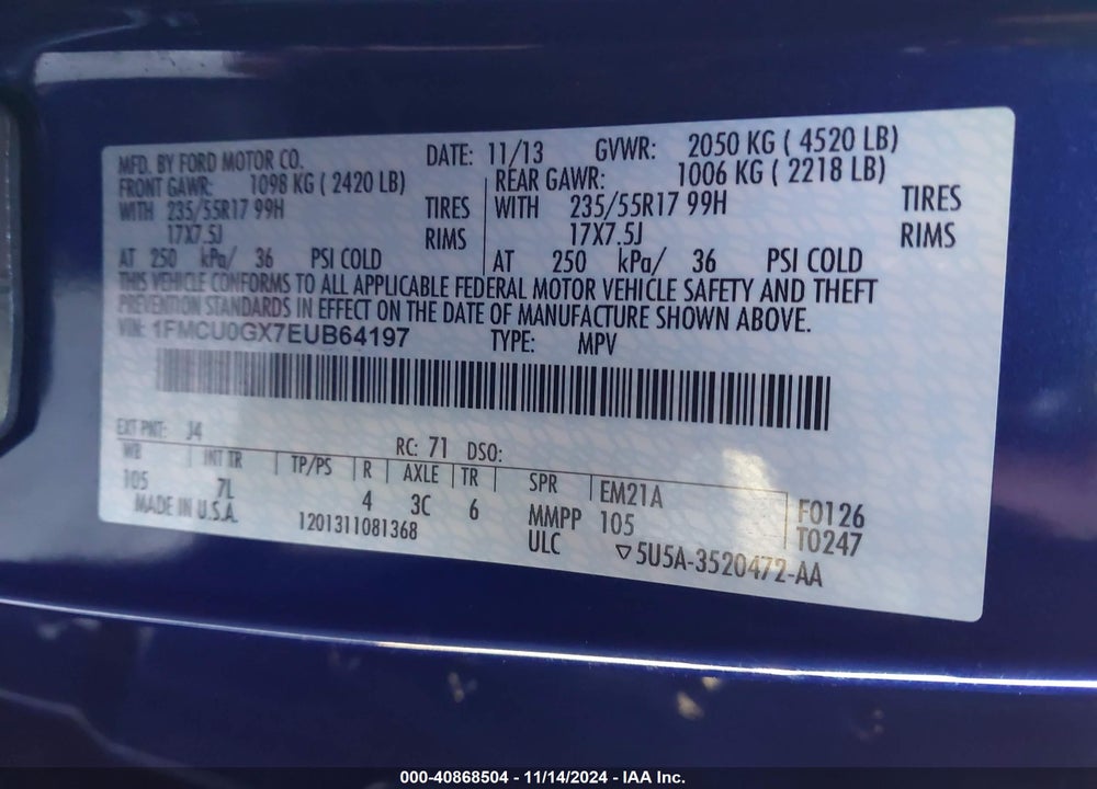 2014 FORD ESCAPE SE VIN: 1FMCU0GX7EUB64197
