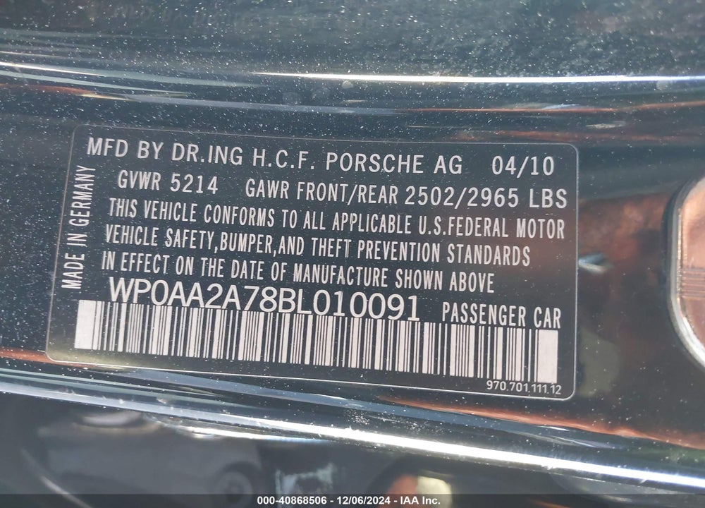 2011 PORSCHE PANAMERA 4 VIN: WP0AA2A78BL010091