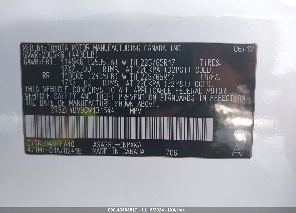 2012 TOYOTA RAV4 VIN: 2T3ZF4DV9CW131544