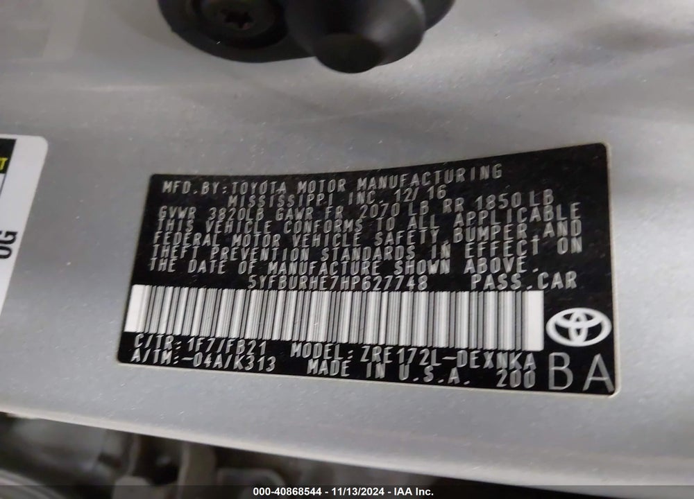 2017 TOYOTA COROLLA LE VIN: 5YFBURHE7HP627748