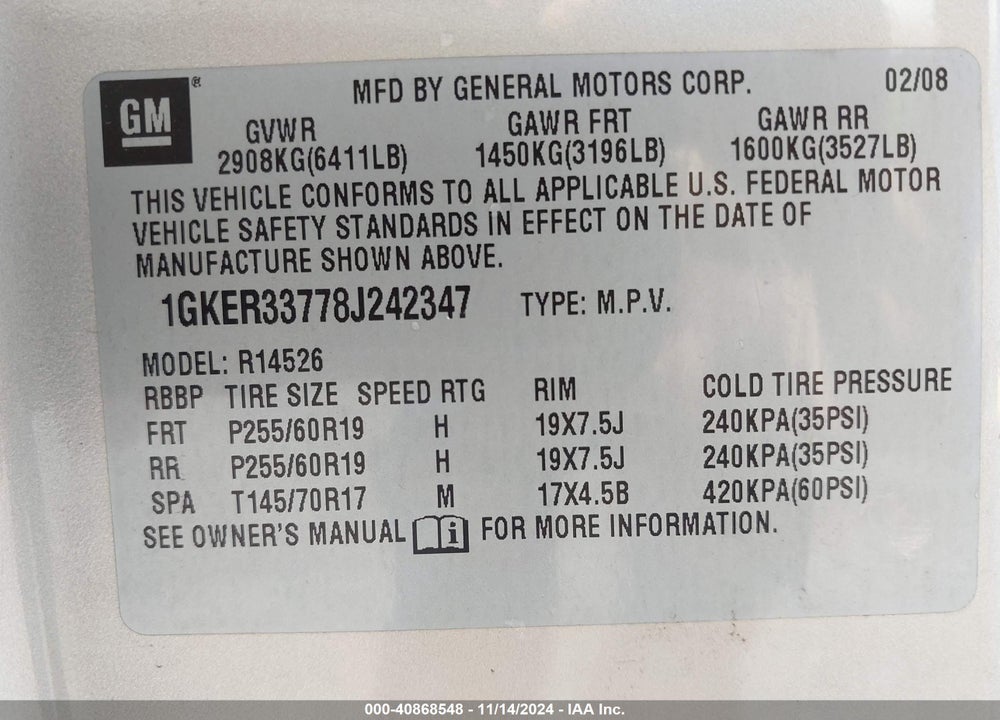2008 GMC ACADIA SLT-2 VIN: 1GKER33778J242347