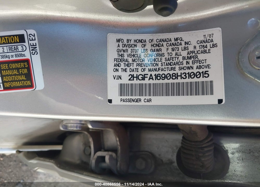 2008 HONDA CIVIC EX-L VIN: 2HGFA16908H310015