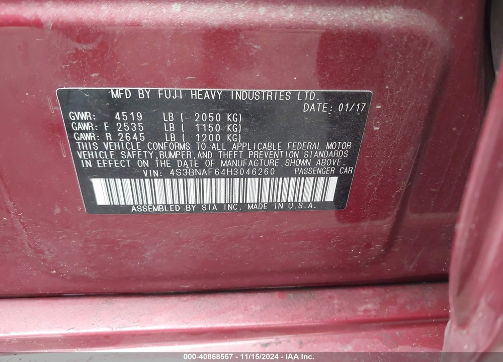 2017 SUBARU LEGACY VIN: 4S3BNAF64H3046260