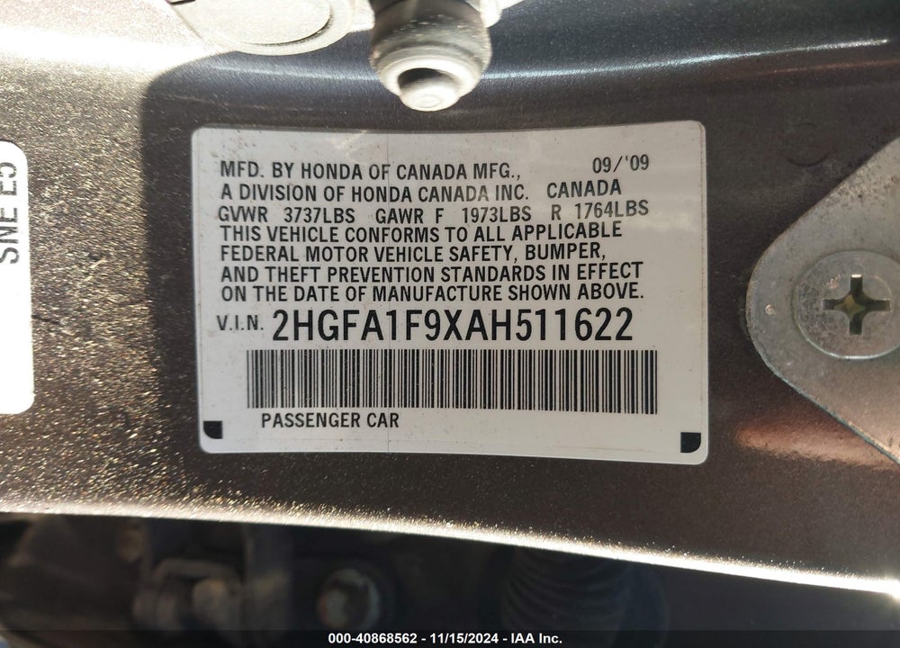 2010 HONDA CIVIC EX-L VIN: 2HGFA1F9XAH511622