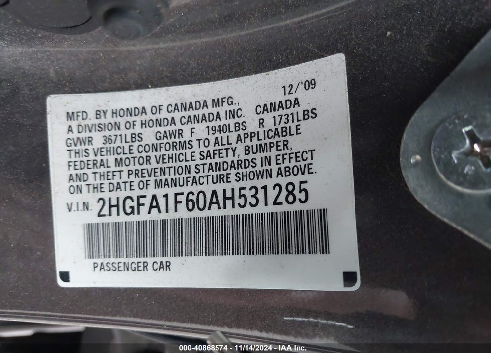 2010 HONDA CIVIC VIN: 2HGFA1F60AH531285