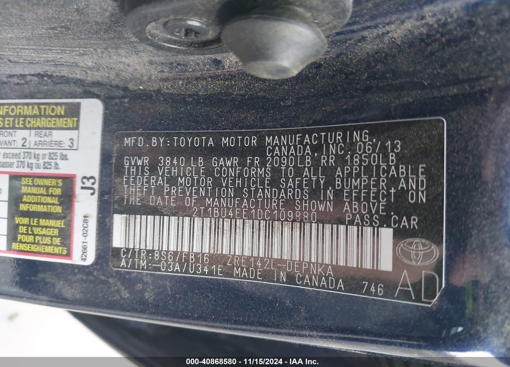 2013 TOYOTA COROLLA LE VIN: 2T1BU4EE1DC109880