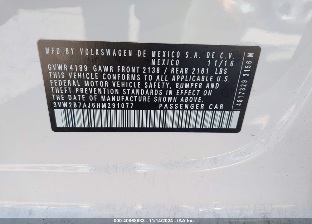 2017 VOLKSWAGEN JETTA 1.4T S VIN: 3VW2B7AJ6HM291077
