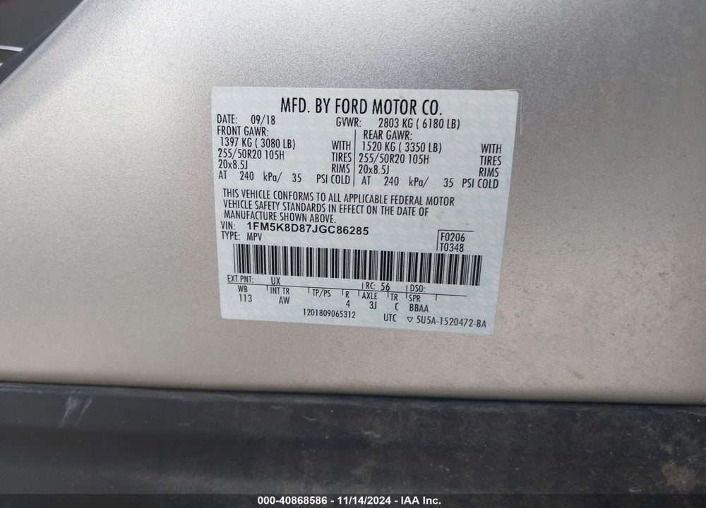 2018 FORD EXPLORER XLT VIN: 1FM5K8D87JGC86285