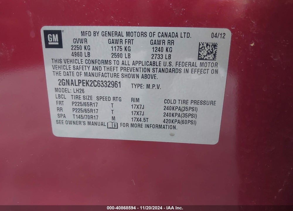 2012 CHEVROLET EQUINOX 2LT VIN: 2GNALPEK2C6332961