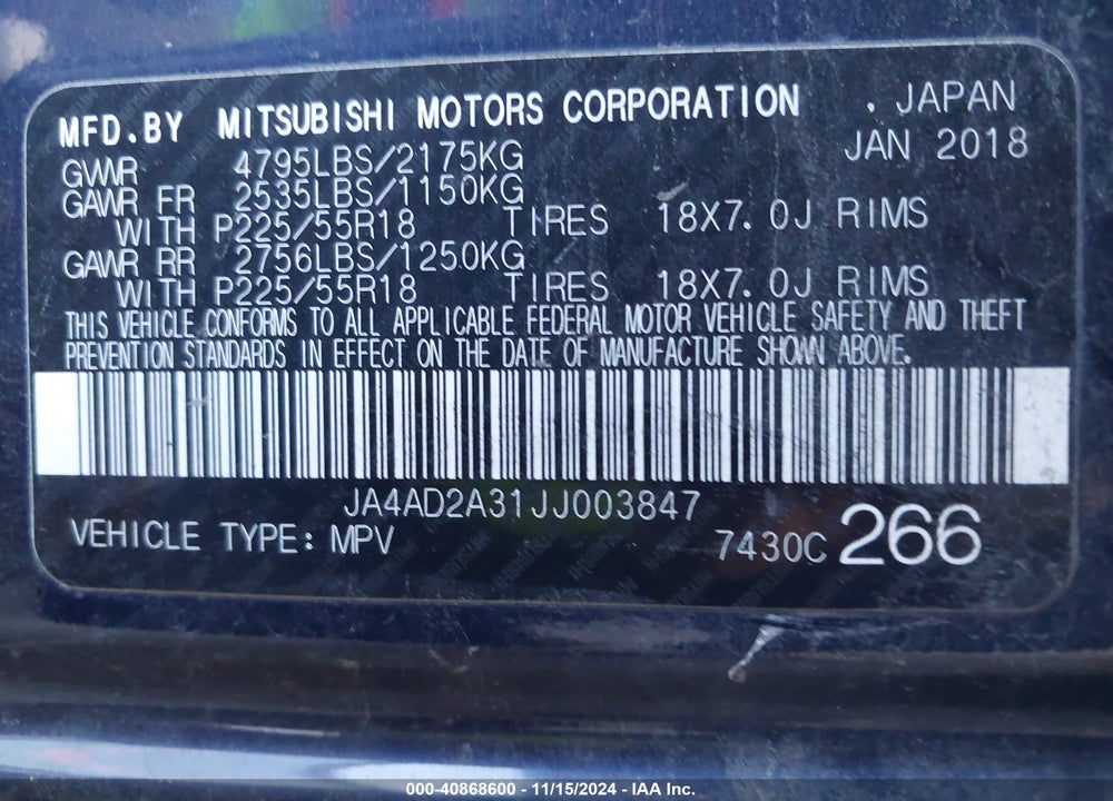 2018 MITSUBISHI OUTLANDER ES VIN: JA4AD2A31JJ003847