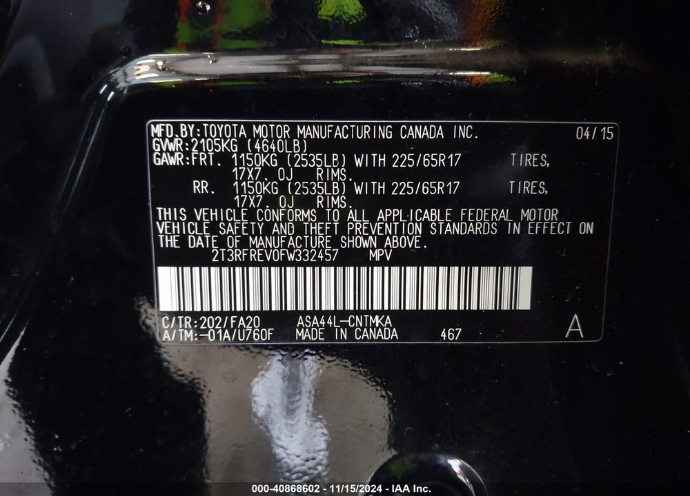 2015 TOYOTA RAV4 XLE VIN: 2T3RFREV0FW332457