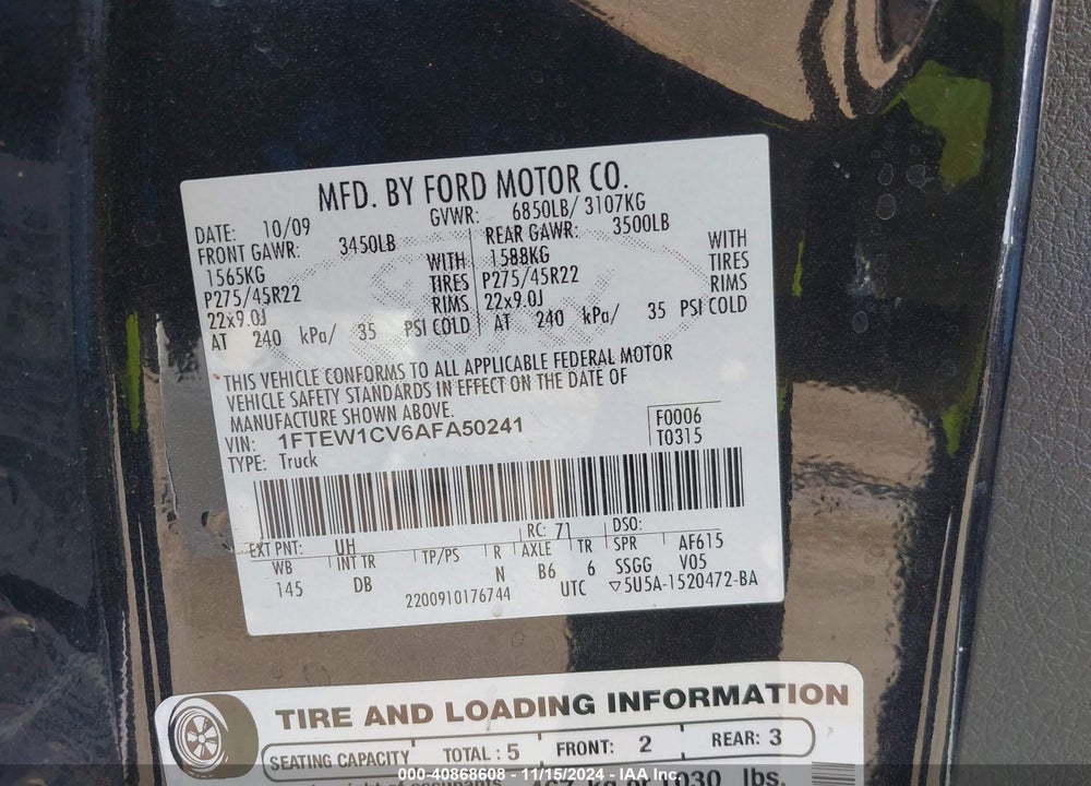 2010 FORD F-150 VIN: 1FTEW1CV6AFA50241