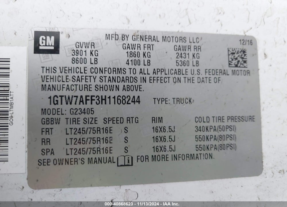 2017 GMC SAVANA 2500 WORK VAN VIN: 1GTW7AFF3H1168244