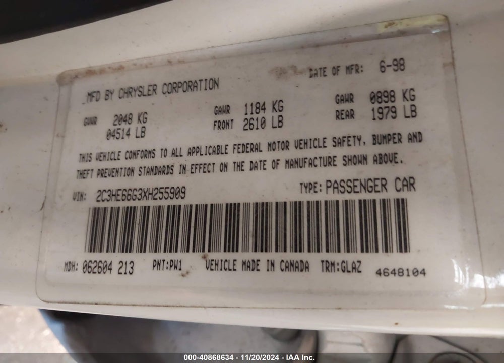 1999 CHRYSLER 300M VIN: 2C3HE66G3XH255909