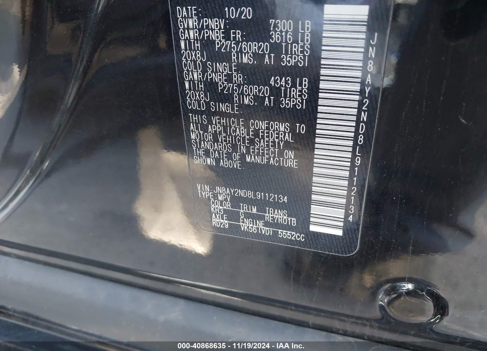 2020 NISSAN ARMADA SL 2WD VIN: JN8AY2ND8L9112134