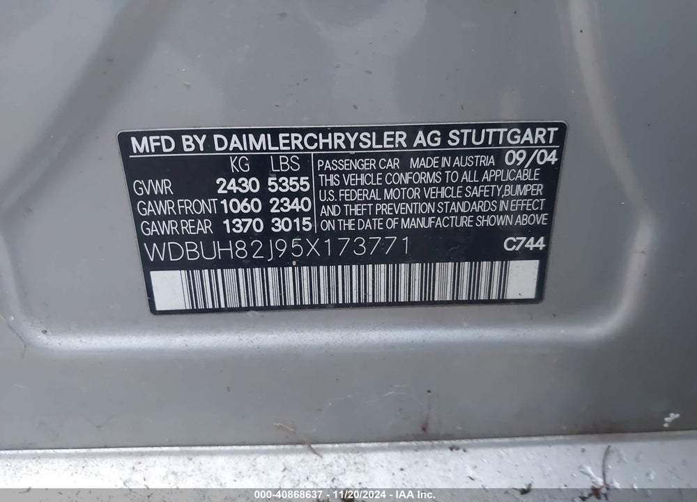 2005 MERCEDES-BENZ E 320 4MATIC VIN: WDBUH82J95X173771
