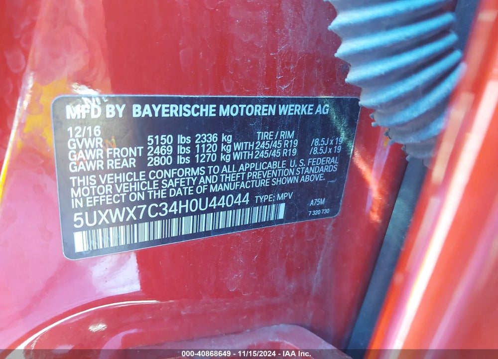 2017 BMW X3 XDRIVE35I VIN: 5UXWX7C34H0U44044